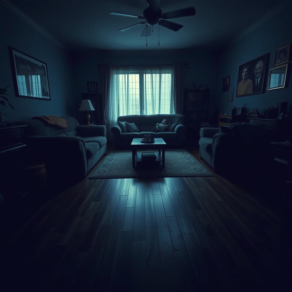A dimly lit living room that feels unsettled, with furniture slightly out of place, suggesting a recent disturbance
