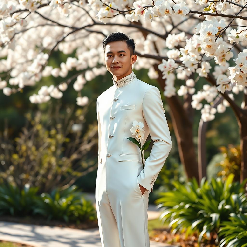 A young East Asian groom with a smooth, clean-shaven face and short black hair, wearing a sleek white wedding dress with a high neckline and long sleeves, tailored in a modern minimalist style