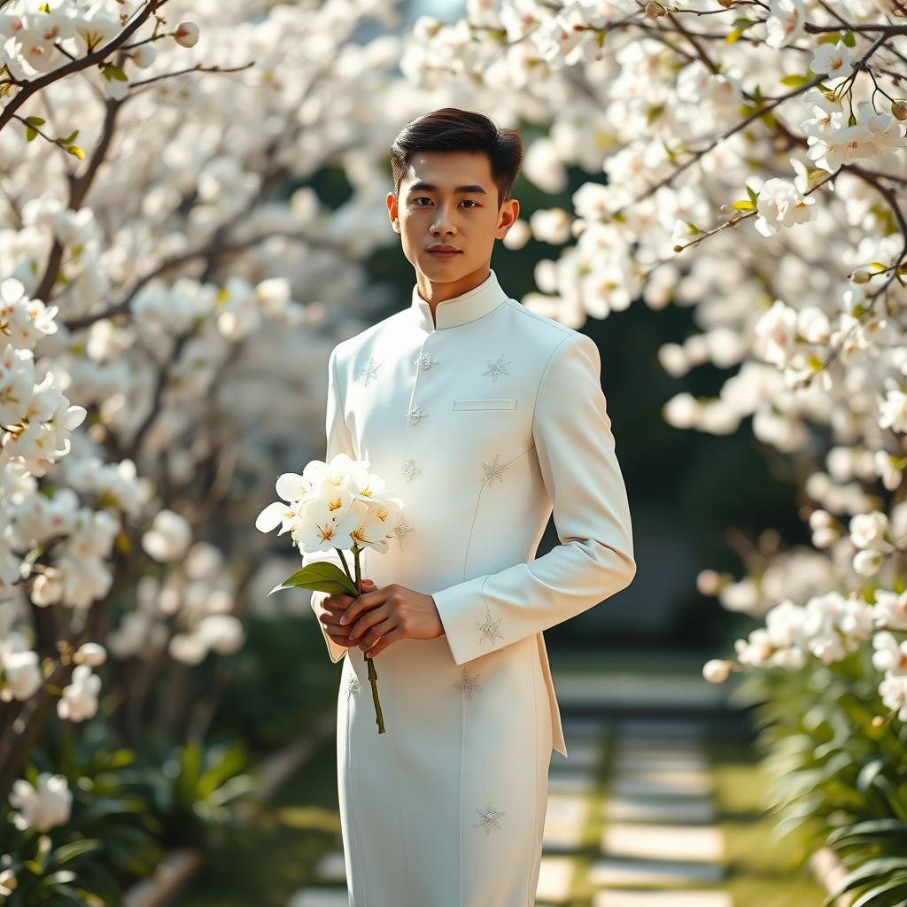 A young East Asian groom with a smooth, clean-shaven face and short black hair, wearing a sleek white wedding dress with a high neckline and long sleeves, tailored in a modern minimalist style