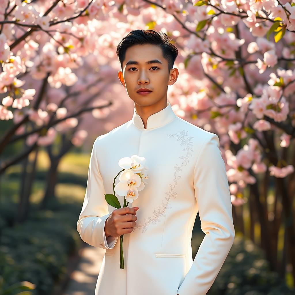 A young East Asian groom with a smooth, clean-shaven face and short black hair, wearing a sleek white wedding dress with a high neckline and long sleeves, designed in a modern minimalist style
