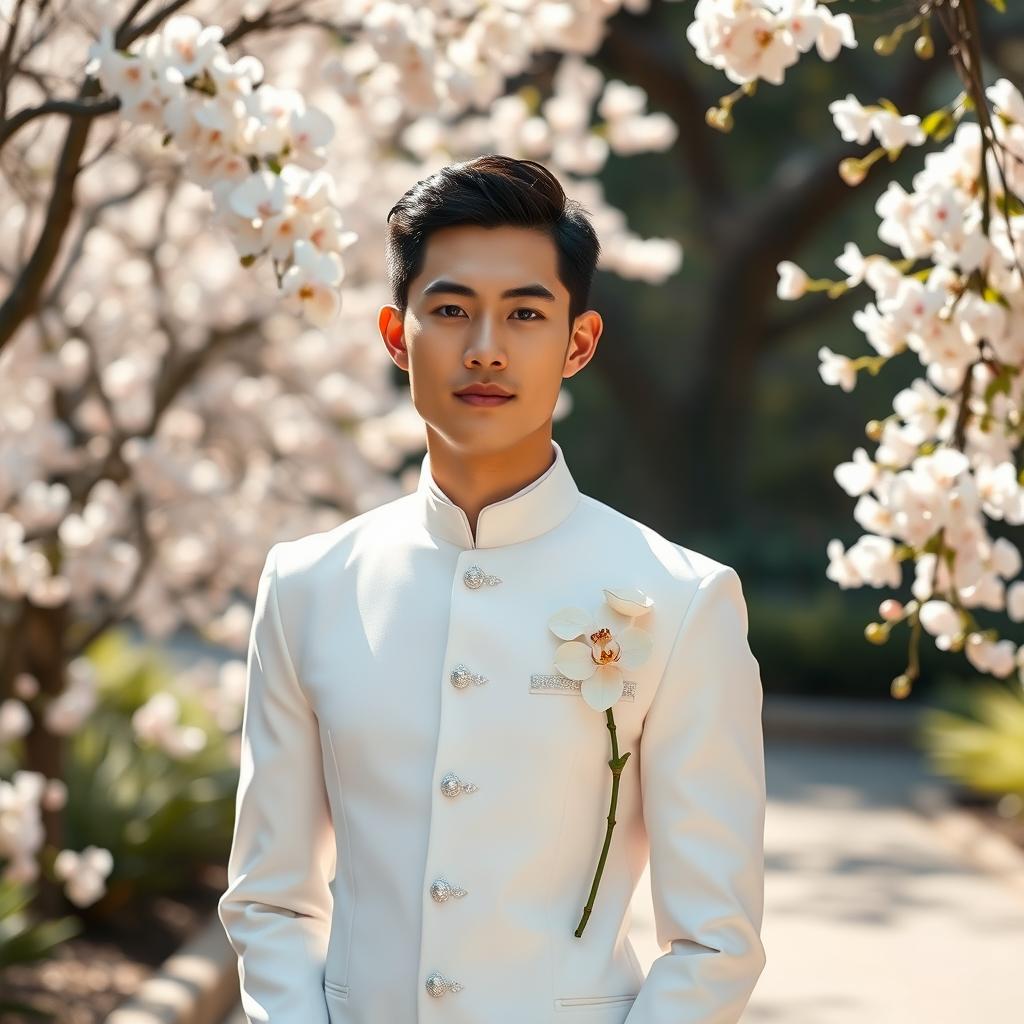 A young East Asian groom with a smooth, clean-shaven face and short black hair, dressed in a sleek white wedding dress featuring a high neckline and long sleeves, tailored in a modern minimalist style