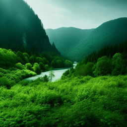 Create an image of a beautiful, idyllic world filled with lush green forests, sparkling rivers, stunning mountains, and clear blue skies.