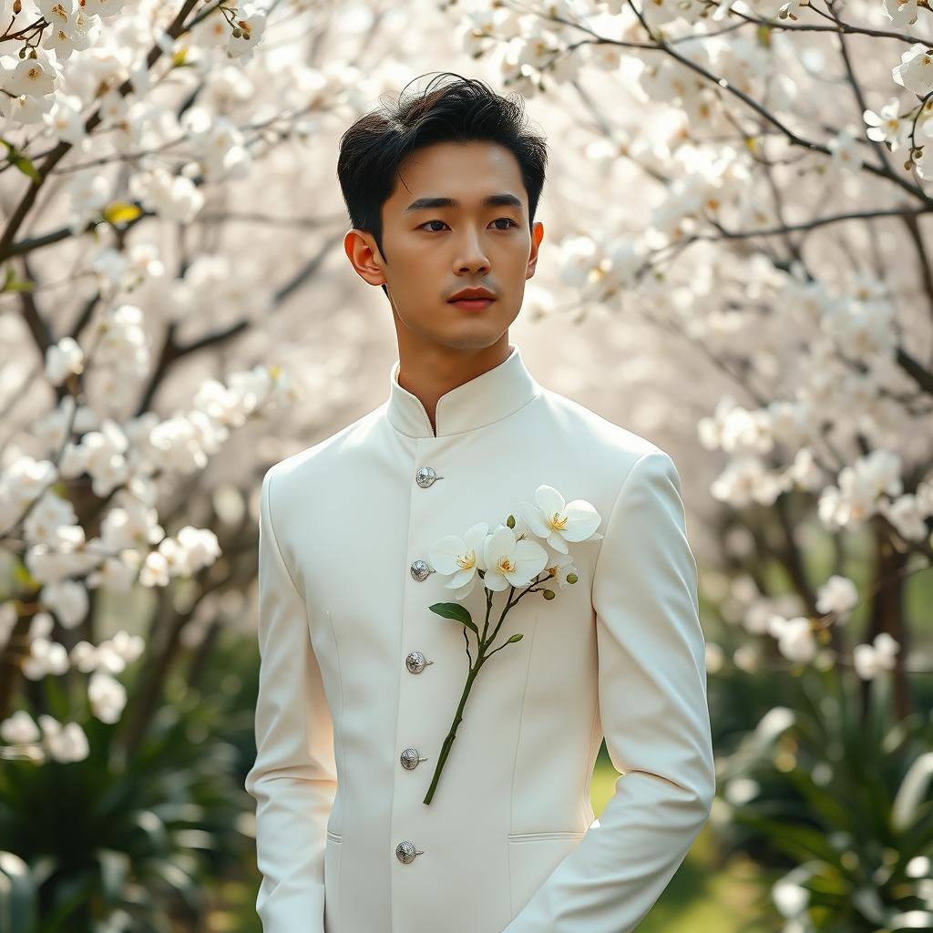 A young East Asian groom with a smooth, clean-shaven face and short black hair wearing a sleek white wedding dress with a high neckline and long sleeves, tailored in a modern minimalist style