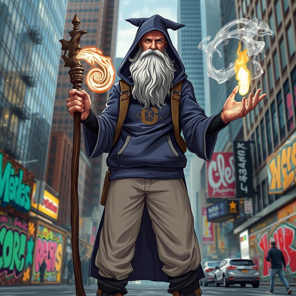 A unique depiction of an urban wizard with a long, flowing beard, blending traditional magical elements with contemporary urban style