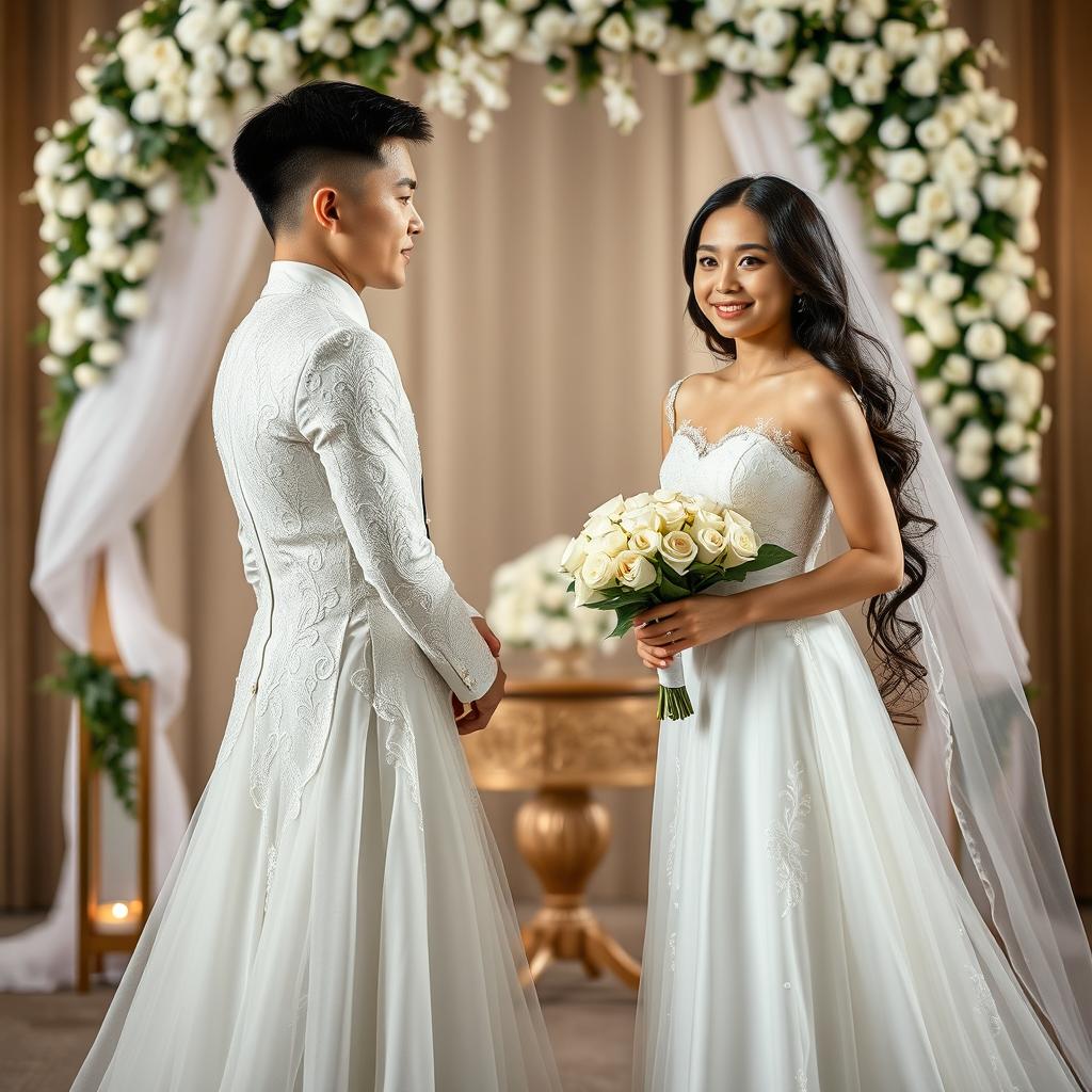 A wedding altar scene featuring two people standing side by side