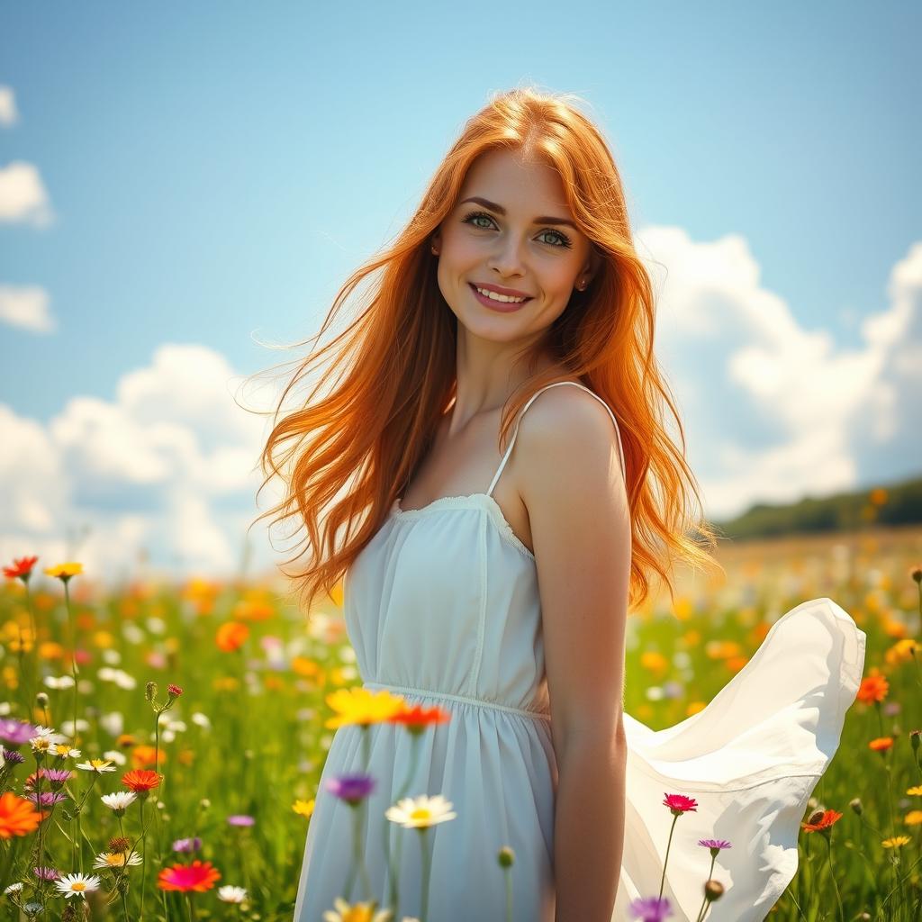 A vibrant, eye-catching portrait of a beautiful redhead with long, flowing hair, standing in a sunlit meadow filled with colorful wildflowers