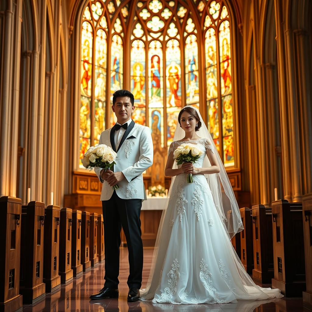A bride and an East Asian groom standing side by side at a wedding altar, both dressed in identical long white lace wedding dresses with full tulle skirts, delicate pearl embroidery, and cathedral-length veils