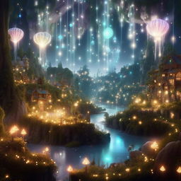 Transform the previous idyllic world into a whimsical fantasy land, with glowing lights filling the skies and magical creatures living among the lush forests and sparkling rivers.