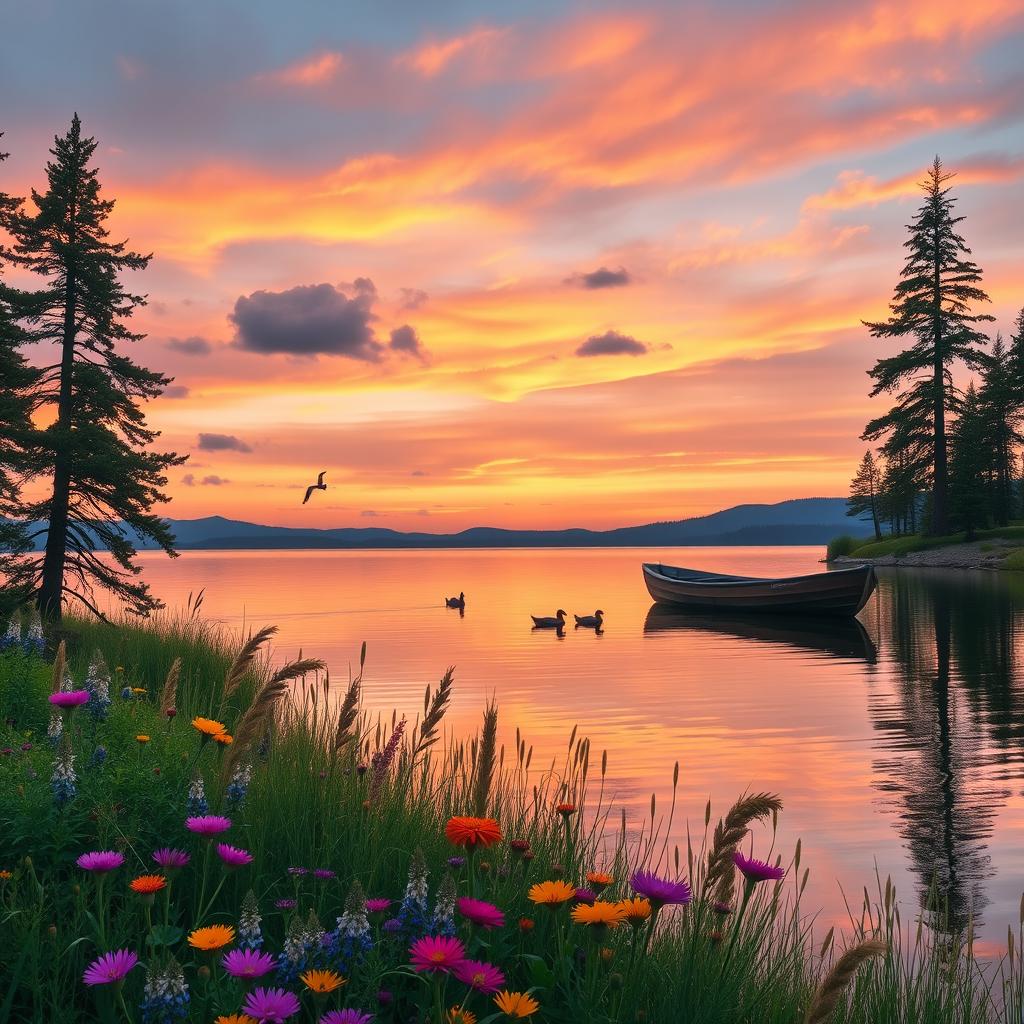 A serene lakeside scene at sunset, featuring a lone wooden boat gently bobbing on the water