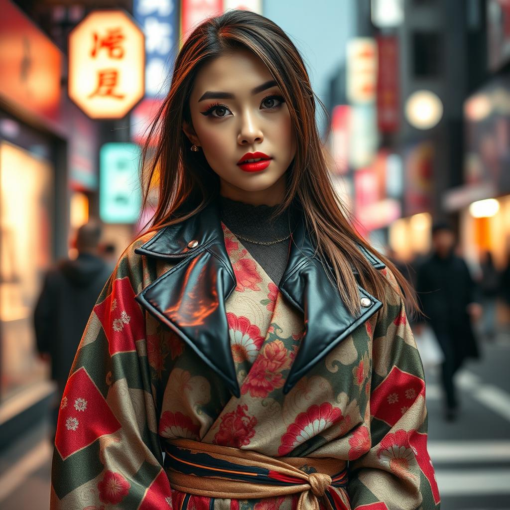 A stunning Japanese woman dressed as a Yakuza, showcasing a striking blend of traditional and modern elements