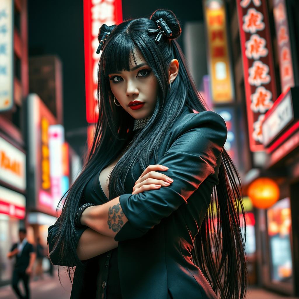 A fierce and alluring Yakuza woman dressed in stylish, sharp clothing, exuding confidence and strength