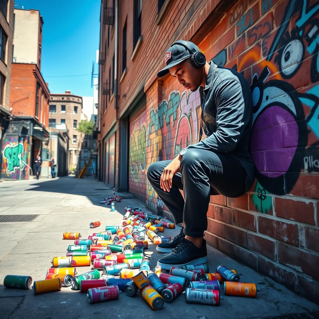 A vibrant and dynamic scene depicting a graffiti spray can artist at work, capturing the essence of urban street art