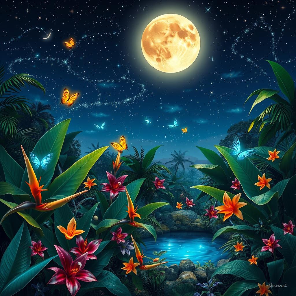 A vibrant, surreal fusion of two distinct images, merging a lush tropical rainforest with a dreamy starry night sky