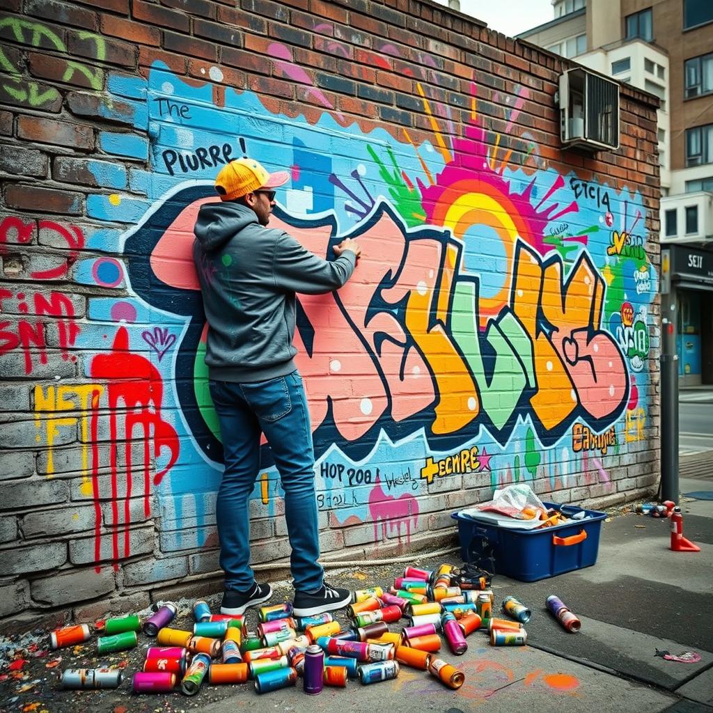 A lively and captivating scene of a graffiti spray can artist at work, immersed in the creative process of painting a vibrant mural on a weathered brick wall