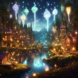 Transform the previous idyllic world into a whimsical fantasy land, with glowing lights filling the skies and magical creatures living among the lush forests and sparkling rivers.