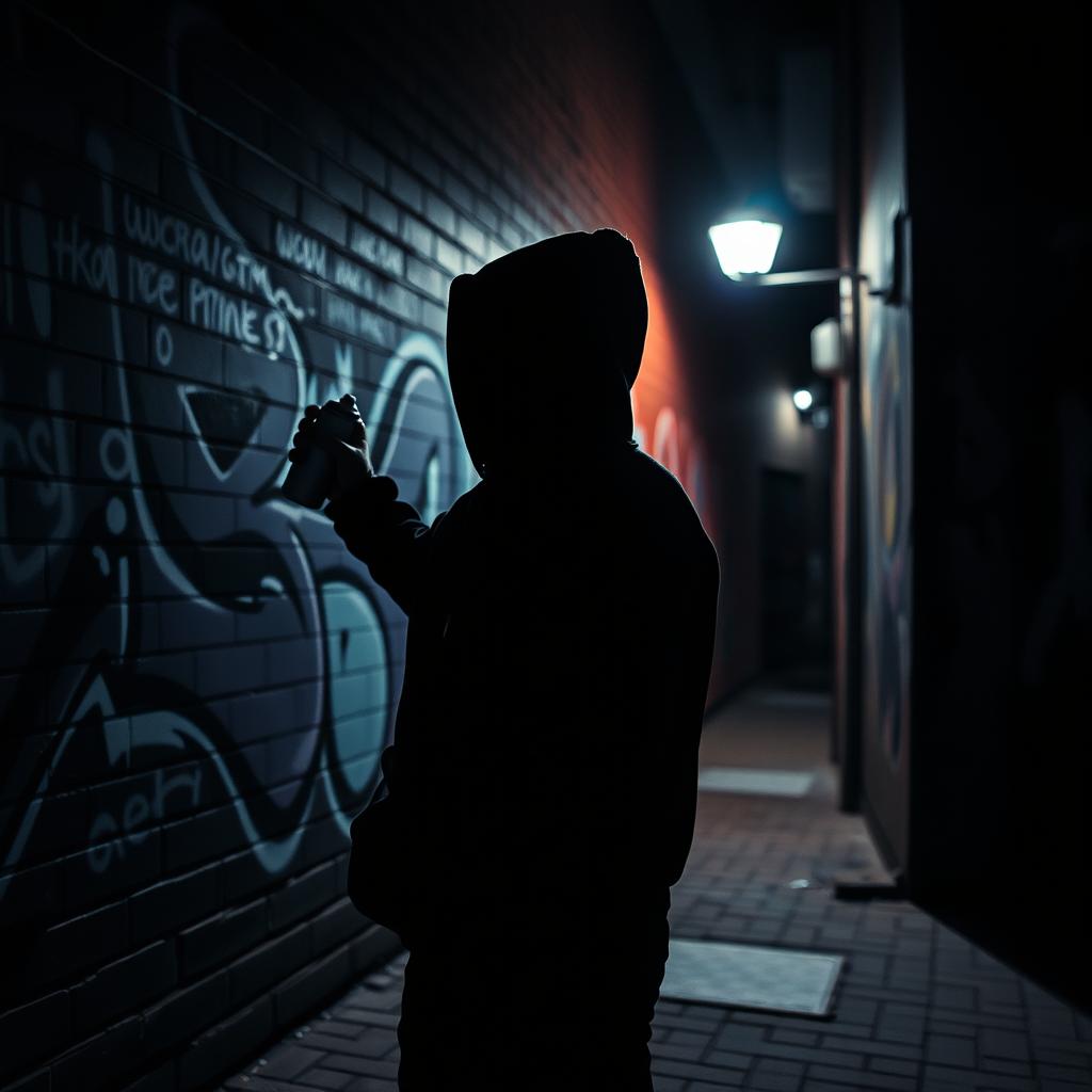 A moody and atmospheric scene featuring a dark hooded graffiti spray can artist at work during the night