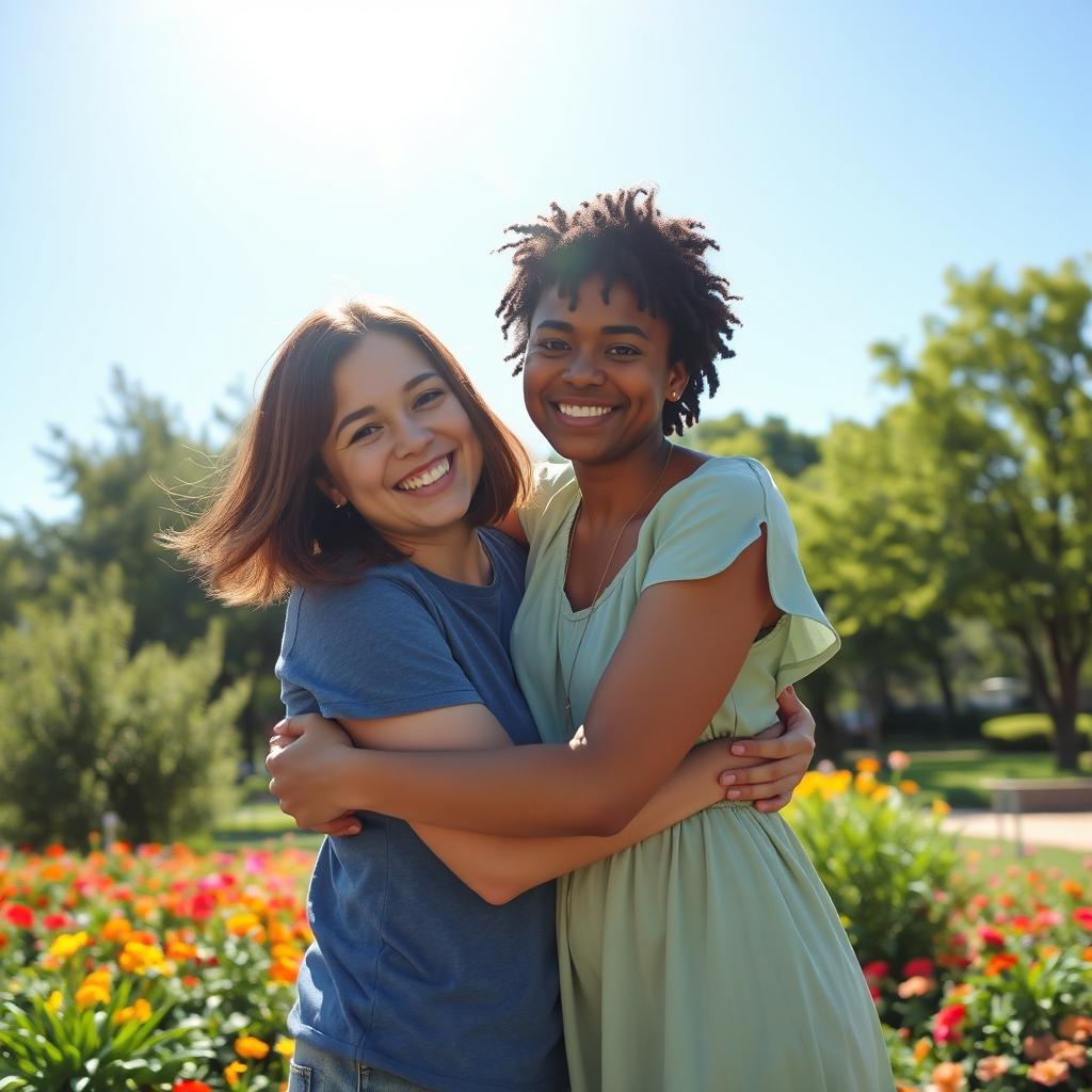 A heartwarming scene where two friends embrace each other in a beautiful park