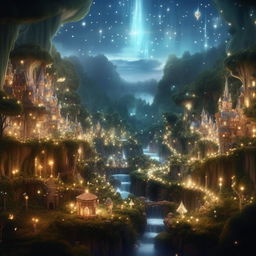 Transform the previous idyllic world into a whimsical fantasy land, with glowing lights filling the skies and magical creatures living among the lush forests and sparkling rivers.