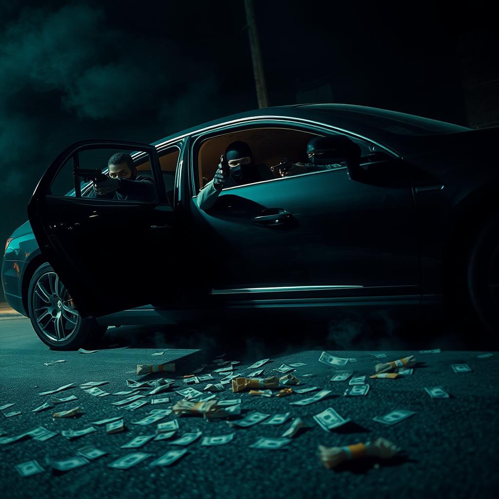 A dramatic drive-by shooting scene capturing intense action and chaos
