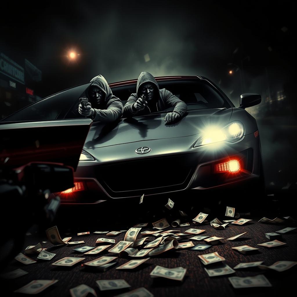 A striking music cover art depicting a dramatic drive-by shooting scene that exudes an action-packed feel