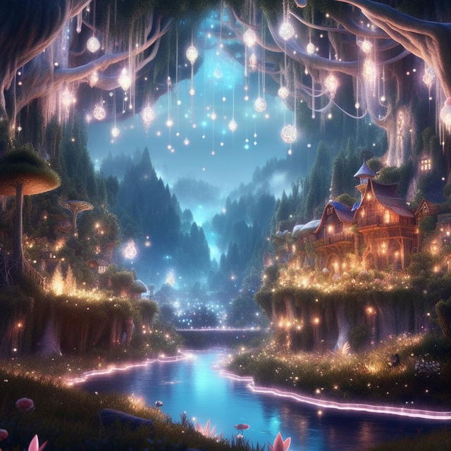 Transform the previous idyllic world into a whimsical fantasy land, with glowing lights filling the skies and magical creatures living among the lush forests and sparkling rivers.