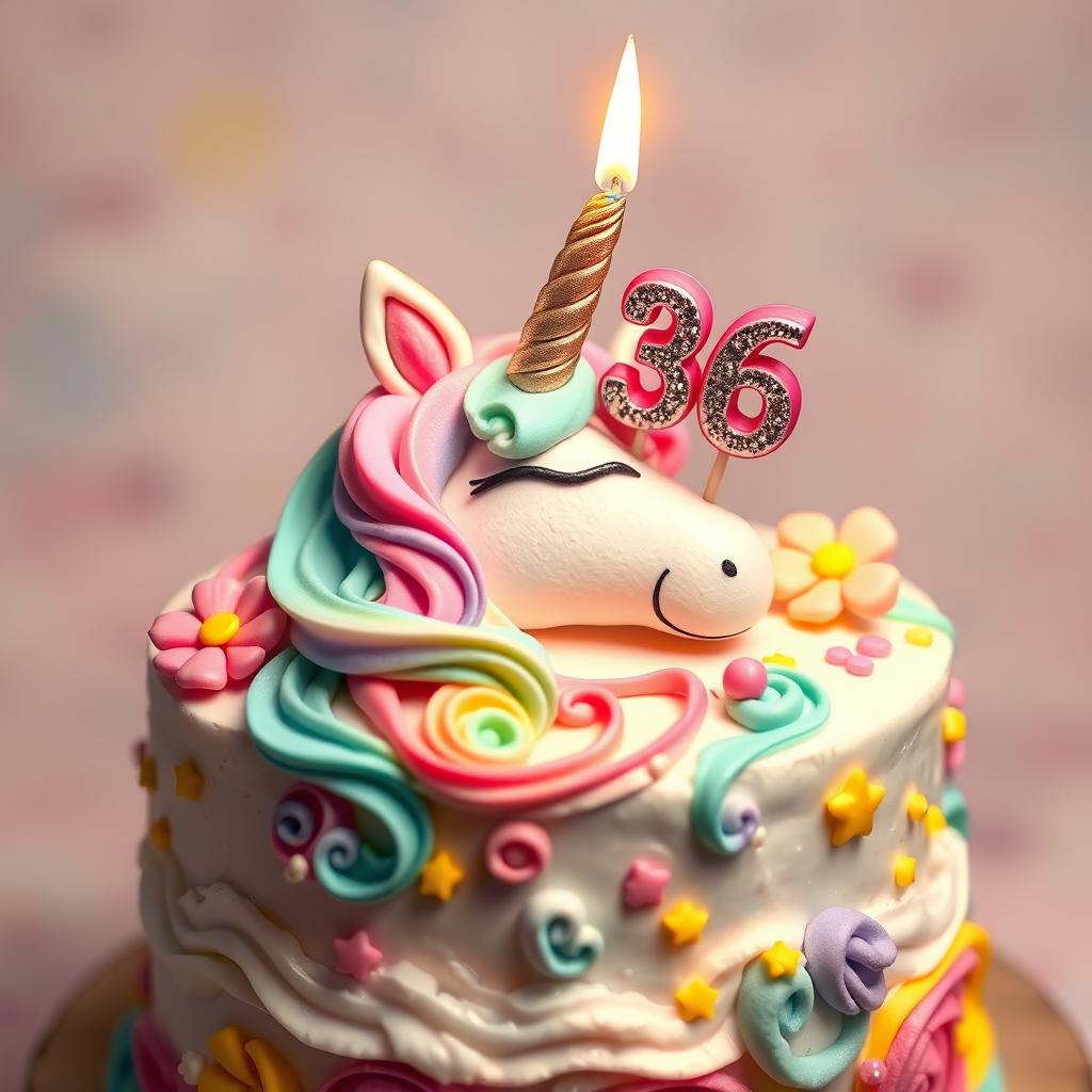 A vibrant and whimsical unicorn-themed cake featuring a colorful frosting design with swirls of pastel colors, topped with a shiny number 36 candle