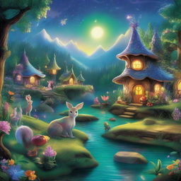 Recreate the whimsical fantasy land in high-definition detail, showcasing vivid, glowing lights in the sky and detailed, magical creatures living in lush green forests beside sparkling rivers.