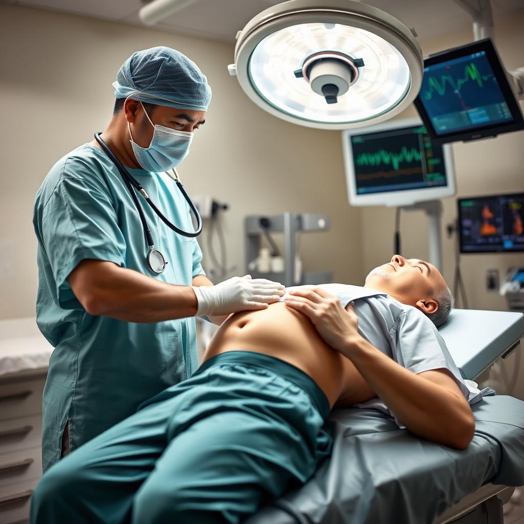 A scene depicting a surgeon performing a physical abdominal examination on a patient before surgery