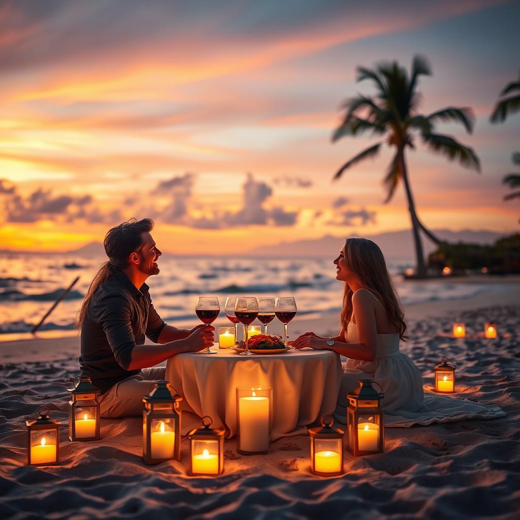 A romantic sunset scene on a beach, with two attractive adults enjoying a candlelit dinner on the sand