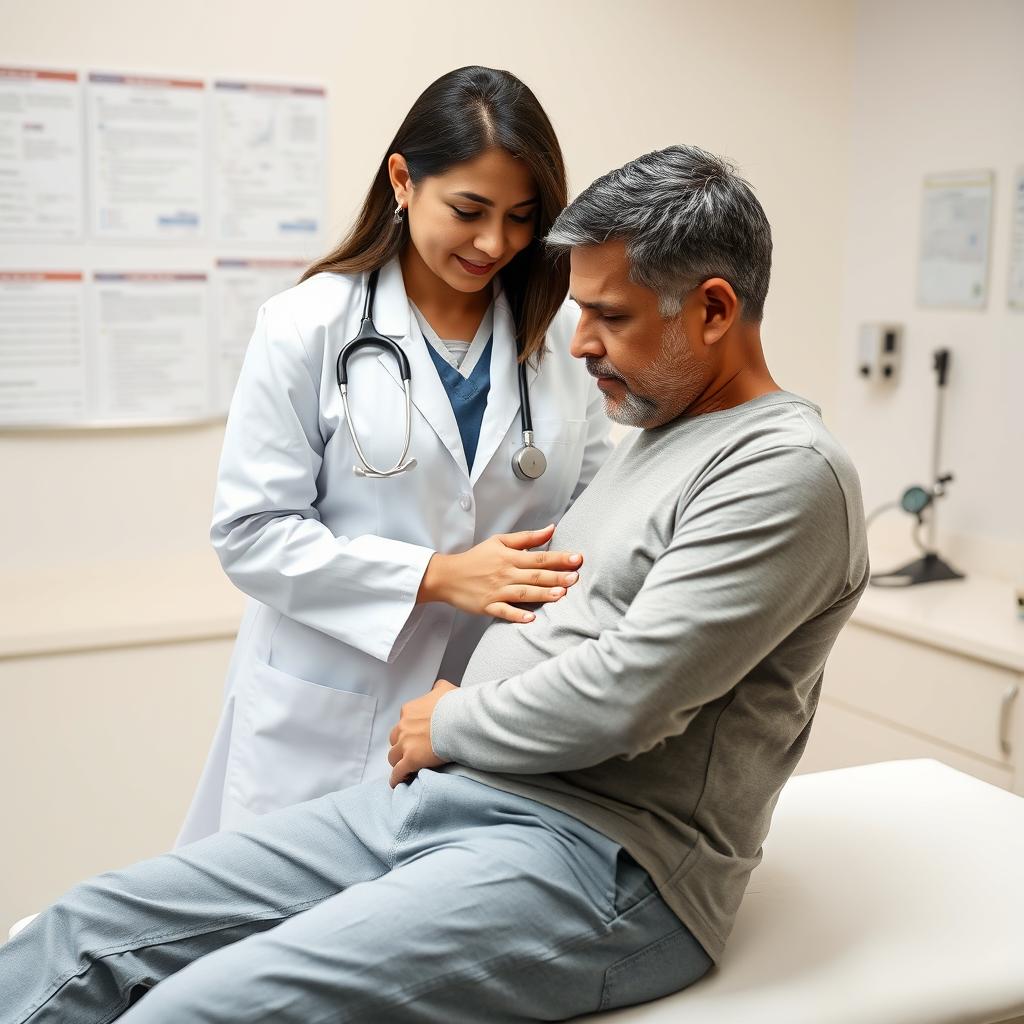 A detailed scene of a doctor conducting a physical abdominal examination on a patient