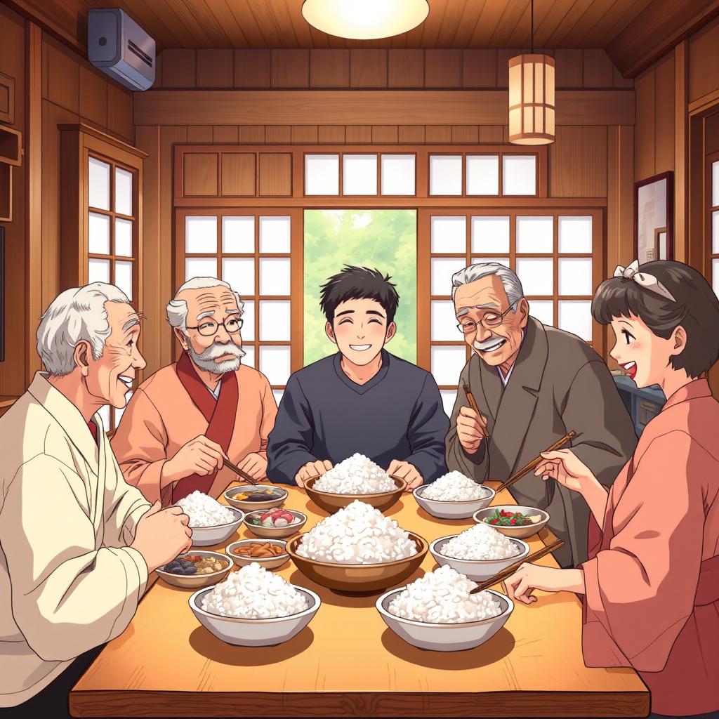 An anime-style illustration of a cozy wooden house interior where a family is gathered around a table eating rice