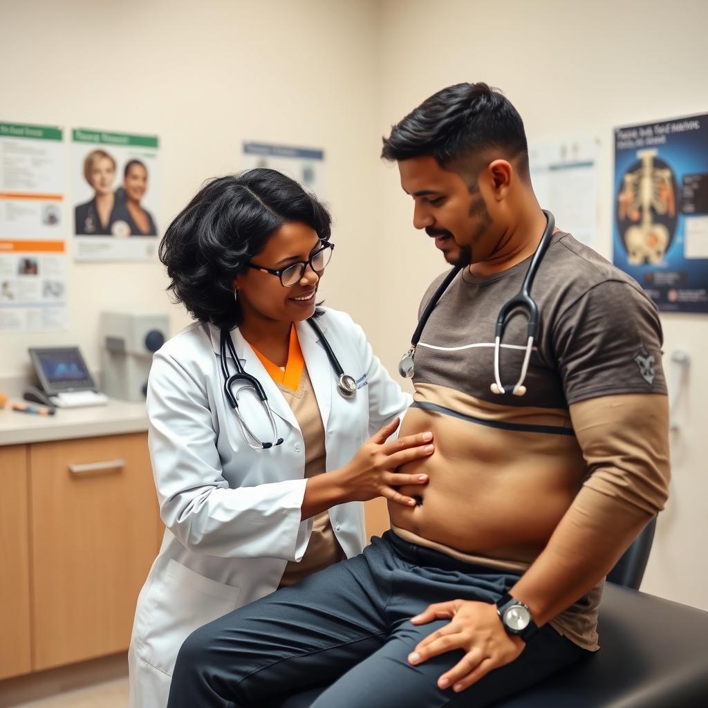 A scene of a doctor examining a patient's abdomen
