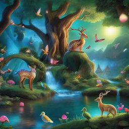 Recreate the whimsical fantasy land in high-definition detail, showcasing vivid, glowing lights in the sky and detailed, magical creatures living in lush green forests beside sparkling rivers.