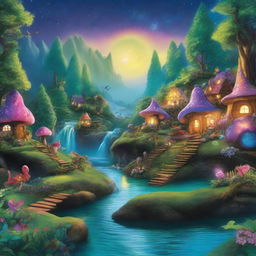 Recreate the whimsical fantasy land in high-definition detail, showcasing vivid, glowing lights in the sky and detailed, magical creatures living in lush green forests beside sparkling rivers.