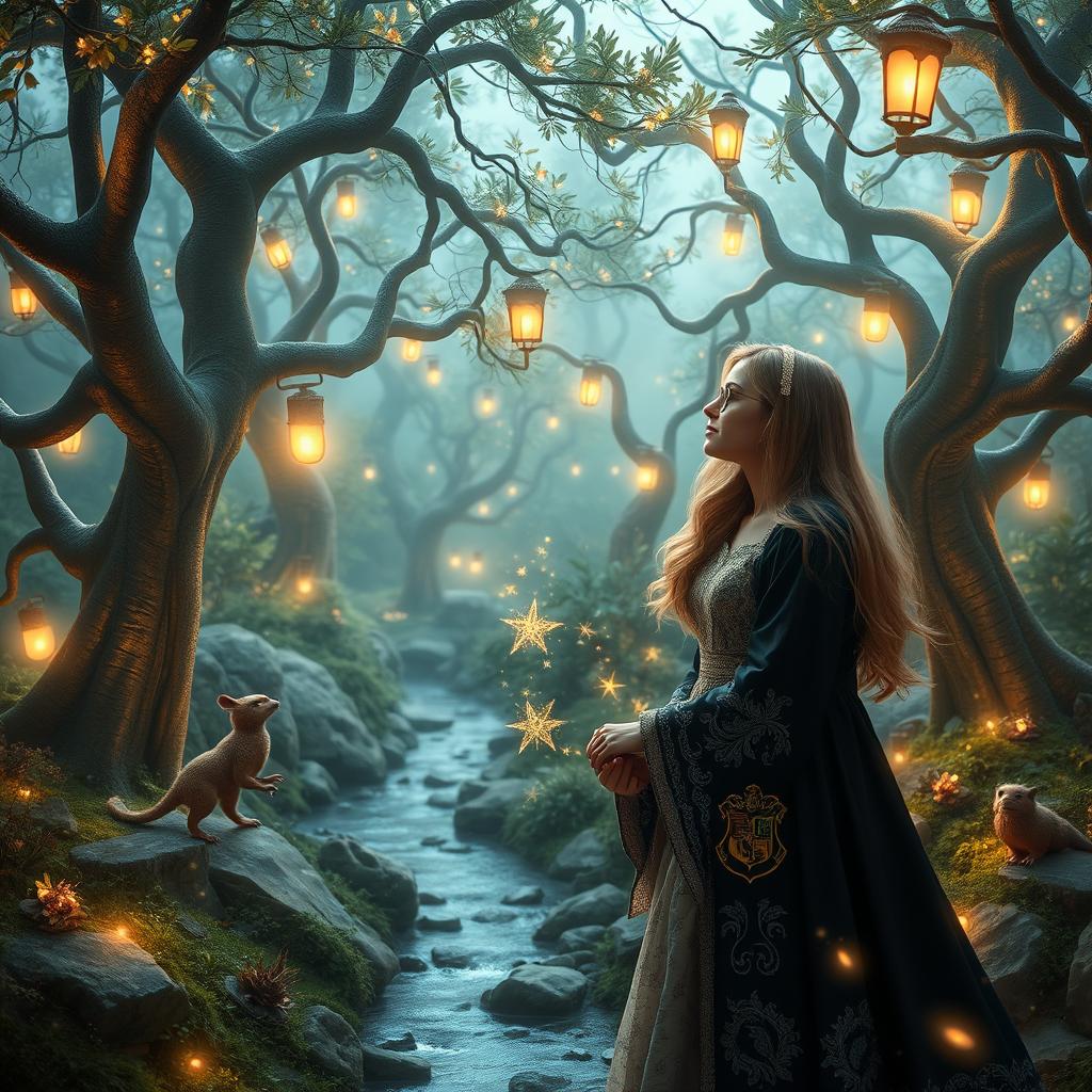 A magical and romantic scene inspired by the world of Harry Potter, featuring a young couple in a whimsical, enchanted forest illuminated by soft, glowing lights