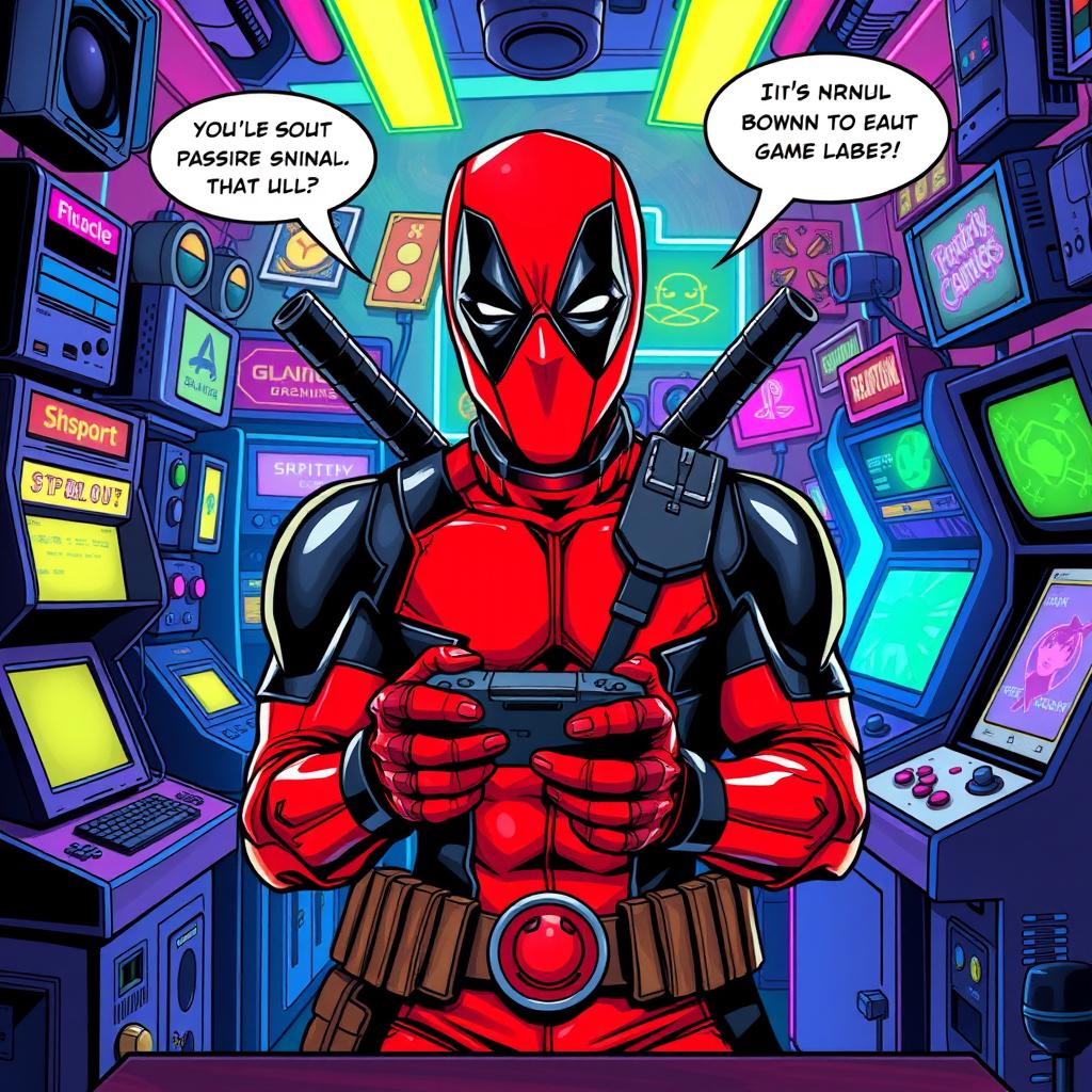A vibrant illustration of Deadpool in a gaming environment, with a colorful and dynamic backdrop filled with gaming consoles, retro arcade machines, and various gaming paraphernalia