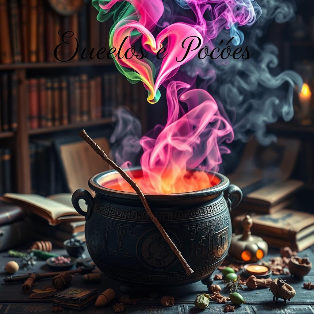 An enchanting scene featuring two crossed wands symbolizing magical duels, elegantly displayed against the backdrop of a bubbling potion cauldron