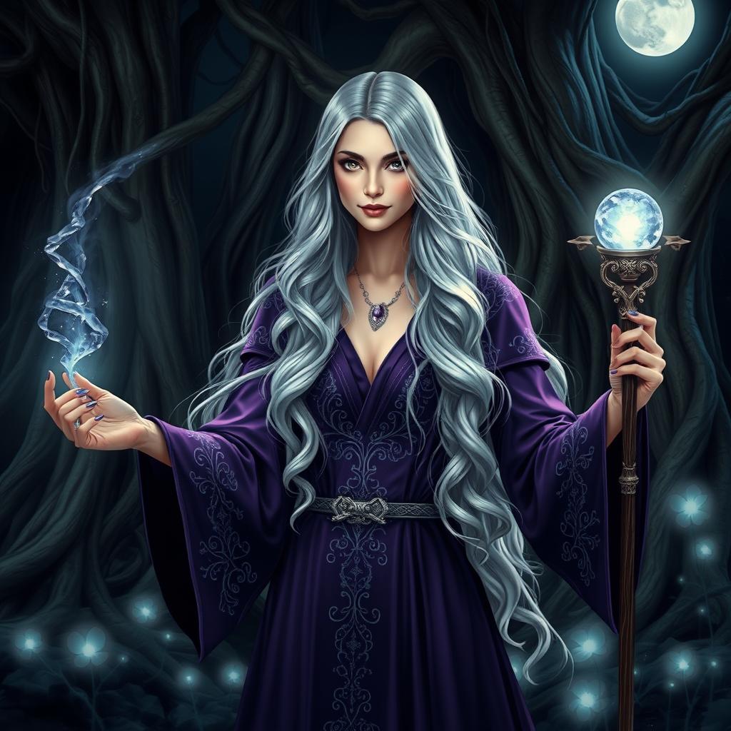 A beautiful, elegant sorceress casting a spell in a dark forest