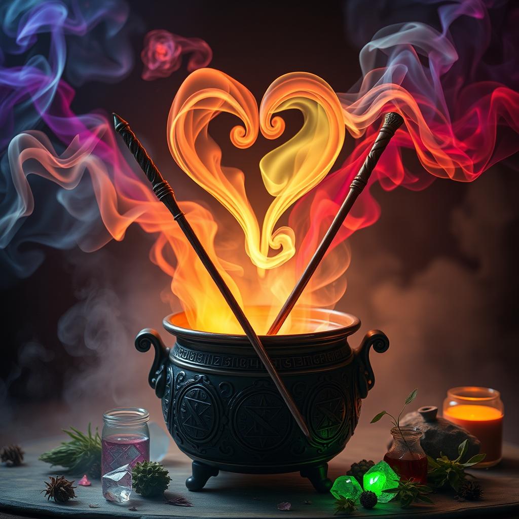 An enchanting scene featuring two crossed wands symbolizing magical duels, elegantly displayed next to a bubbling potion cauldron