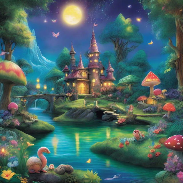 Recreate the whimsical fantasy land in high-definition detail, showcasing vivid, glowing lights in the sky and detailed, magical creatures living in lush green forests beside sparkling rivers.