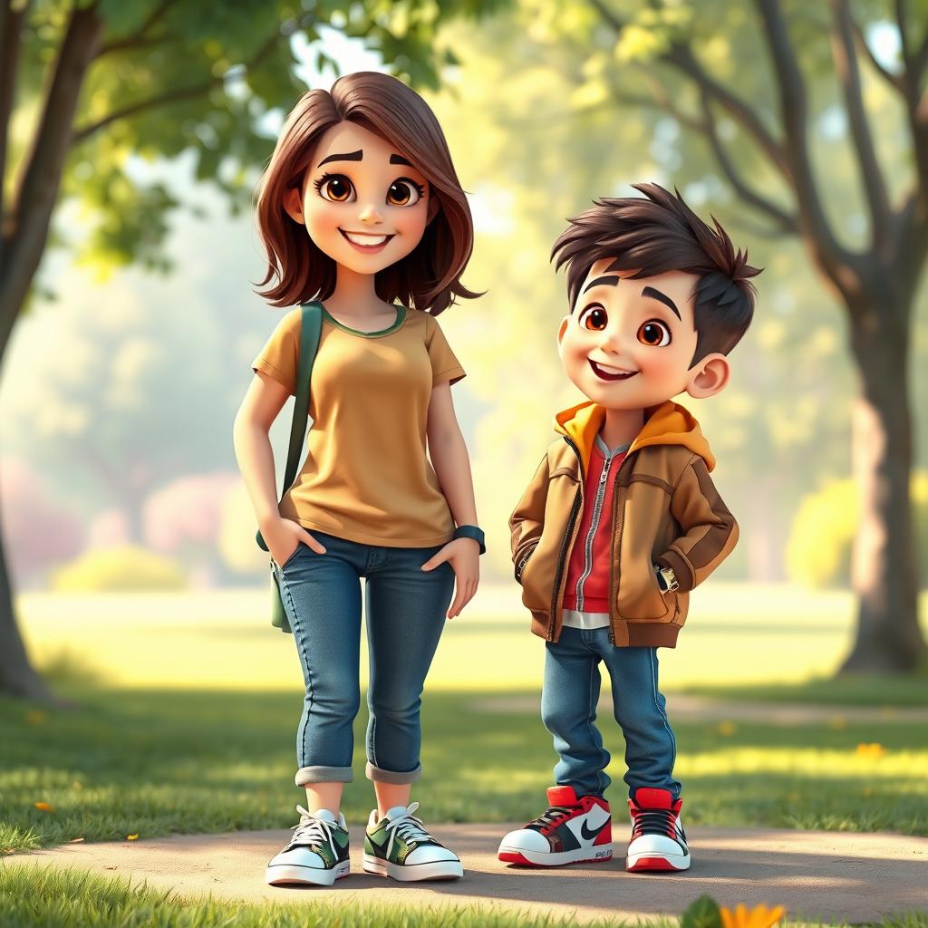 A heartwarming scene of a 35-year-old mom and her 10-year-old son depicted in vibrant Disney Pixar animation style