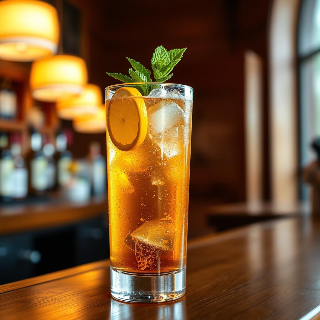 A beautifully styled whiskey highball cocktail, featuring a tall glass filled with sparkling soda and smooth amber whiskey
