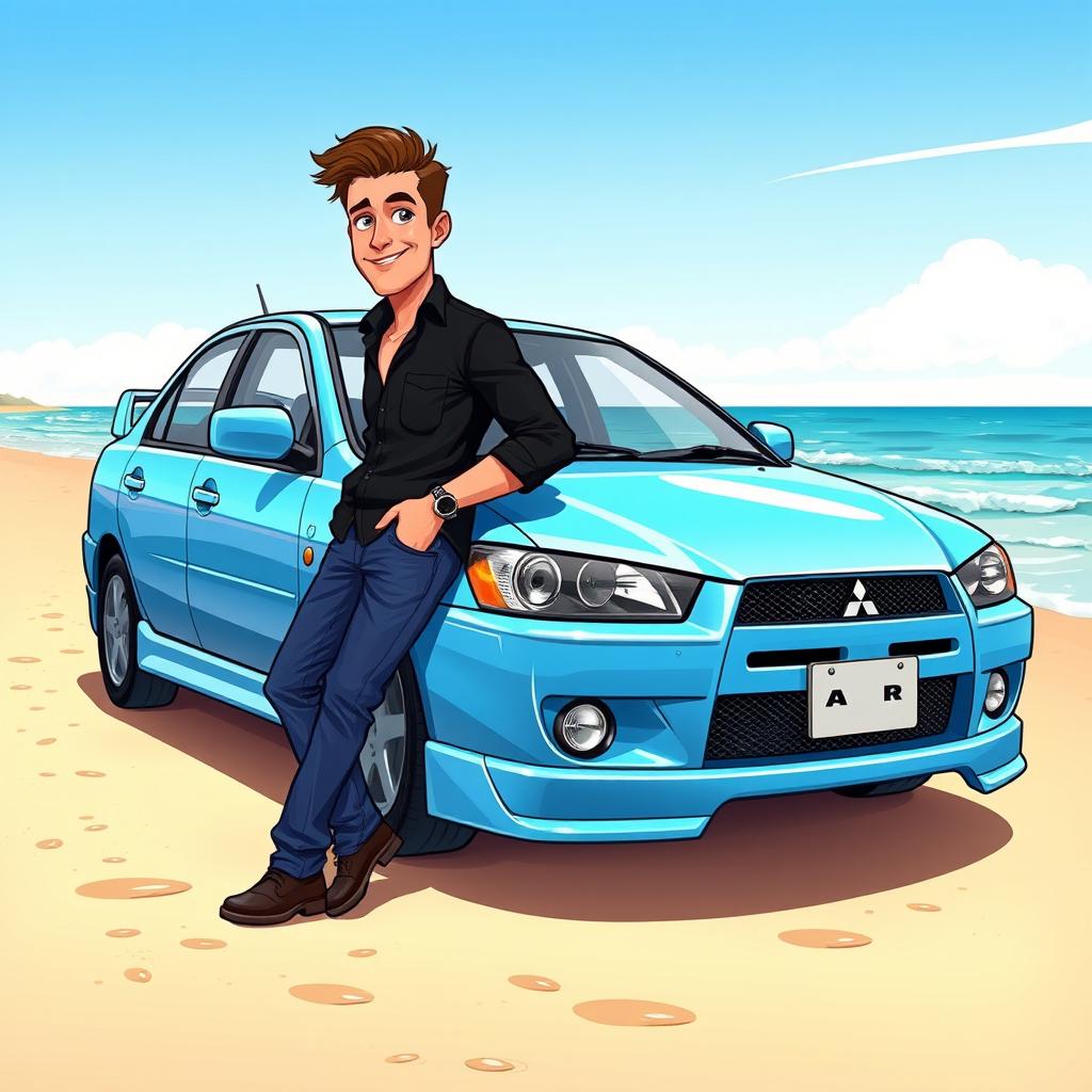 A 2D cartoon style illustration of a Mitsubishi Lancer CK1 model in a vibrant sky blue color