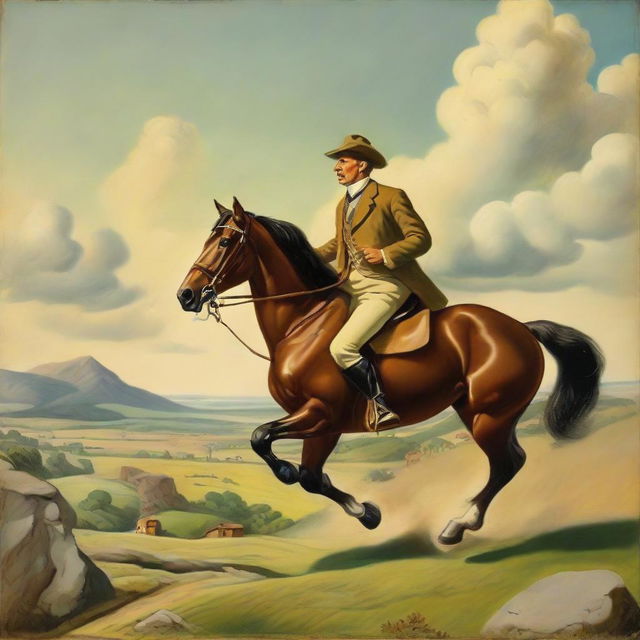 A humorous scene depicting a confident horse expertly riding a bemused man in a surreal landscape.