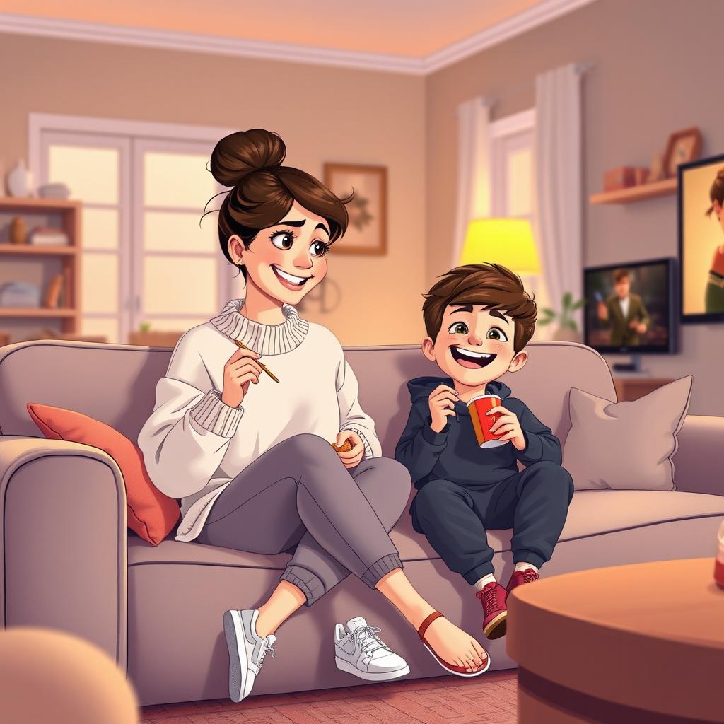 A cozy moment at home featuring a 35-year-old mom and her 10-year-old son, illustrated in the charming Disney Pixar style