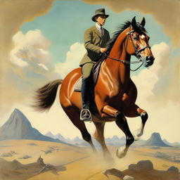 A humorous scene depicting a confident horse expertly riding a bemused man in a surreal landscape.