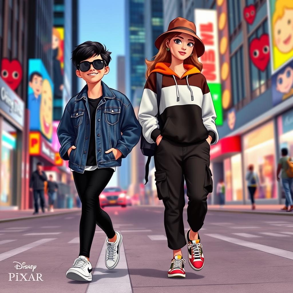 A fashionable 10-year-old boy walking side by side with his effortlessly cool 35-year-old mom on a modern city street, illustrated in vibrant Disney Pixar style