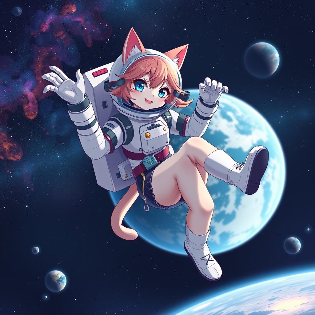 A stunning cat girl astronaut floating in space, wearing a stylish mini skirt alongside her sleek spacesuit