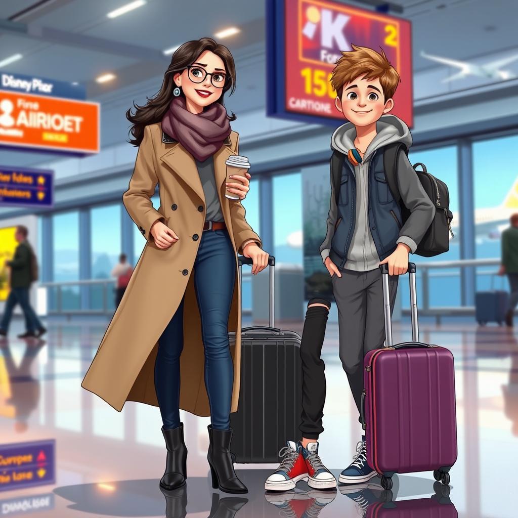 A chic mom and her fashion-forward 10-year-old son at an airport, illustrated in delightful Disney Pixar style, exuding travel excitement