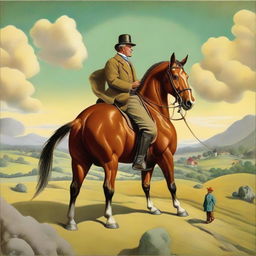 A humorous scene depicting a confident horse expertly riding a bemused man in a surreal landscape.